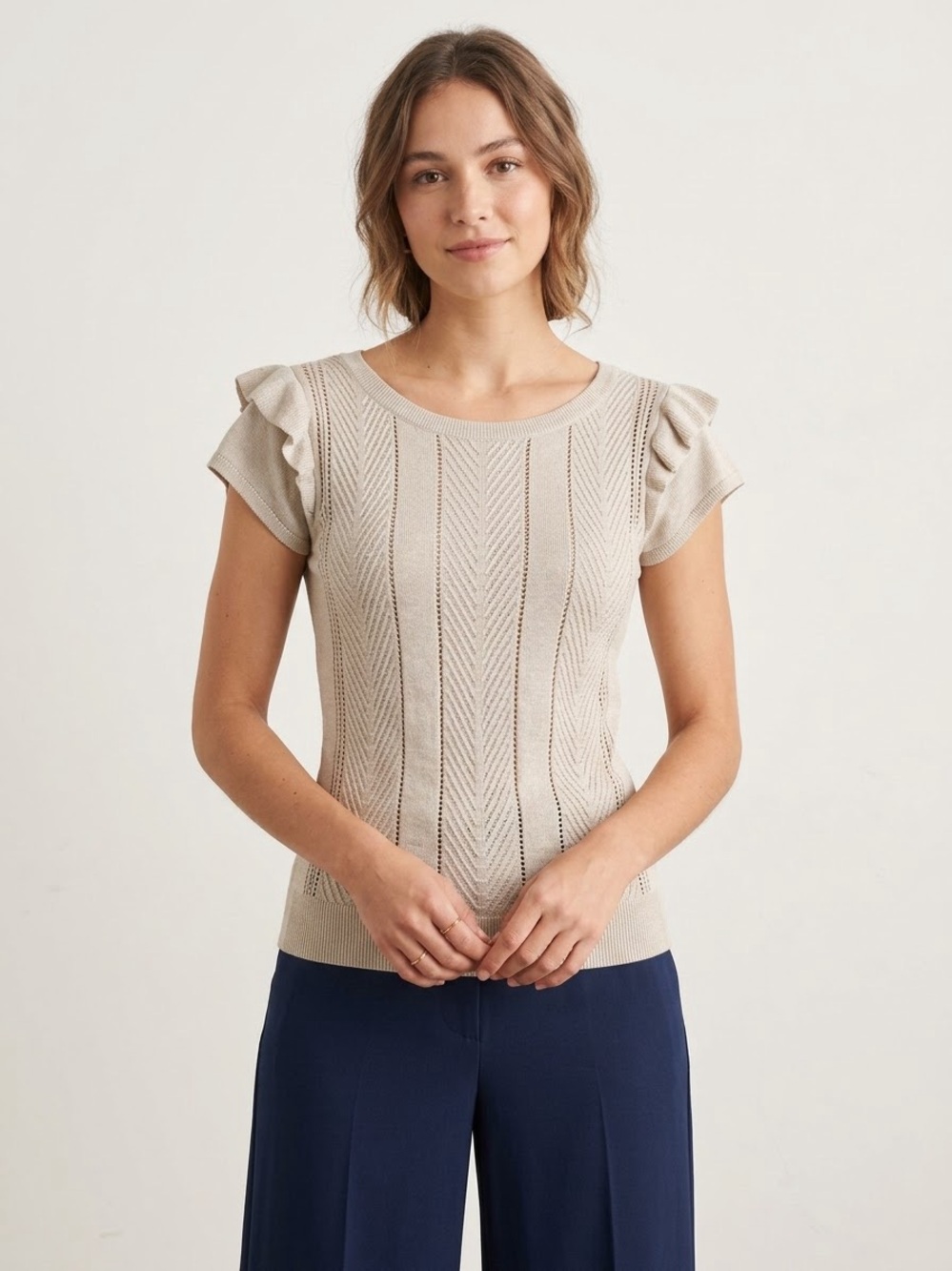 Banana Republic Pointelle Knit Ruffle Sleeve Top in Gray size S